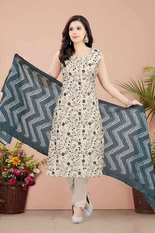 Beige & Black Floral Printed Suit Set with Chevron Dupatta