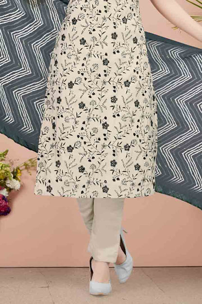 Beige & Black Floral Printed Suit Set with Chevron Dupatta