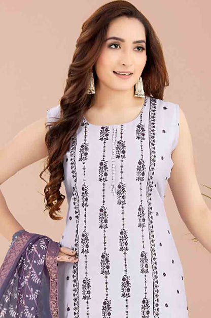 White & Lavender Printed Cotton Suit Set with Dupatta