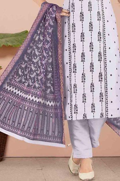 White & Lavender Printed Cotton Suit Set with Dupatta