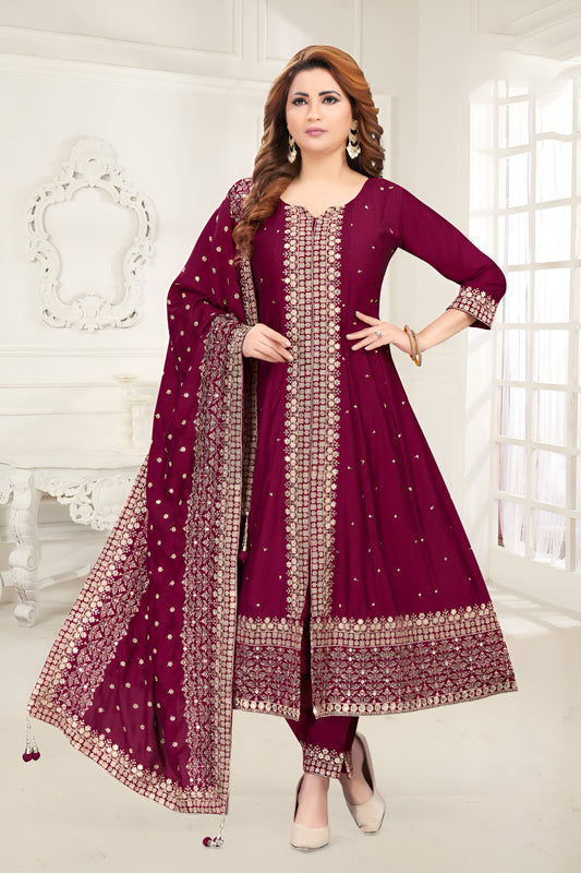 Elegant Maroon Embroidered Anarkali Suit