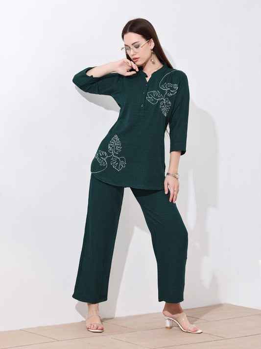 Teal Simple Embroidered Linen Co-ord Set
