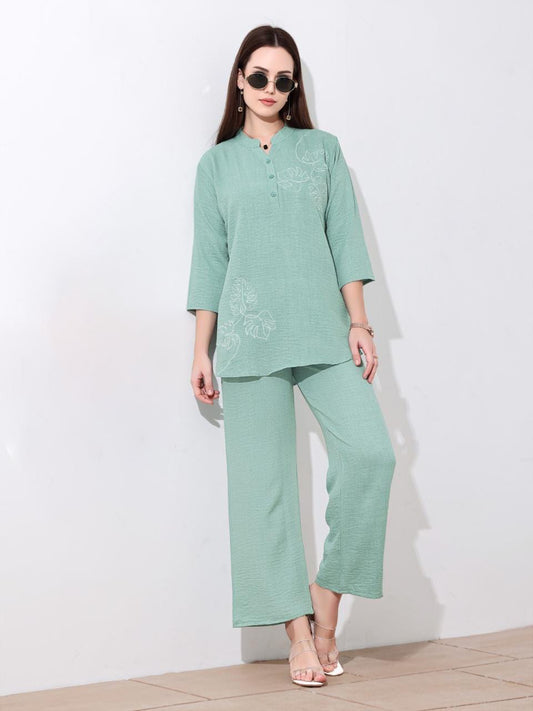 Mint Green Simple Embroidered Linen Co-ord Set