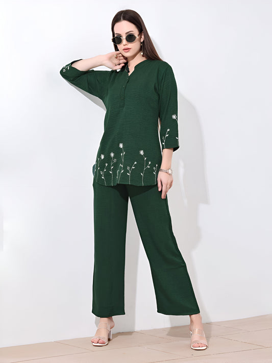Dark Green Simple Embroidered Linen Co-ord Set