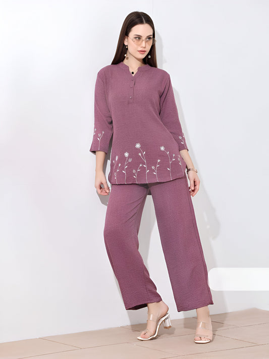 Mauve Simple Embroidered Linen Co-ord Set