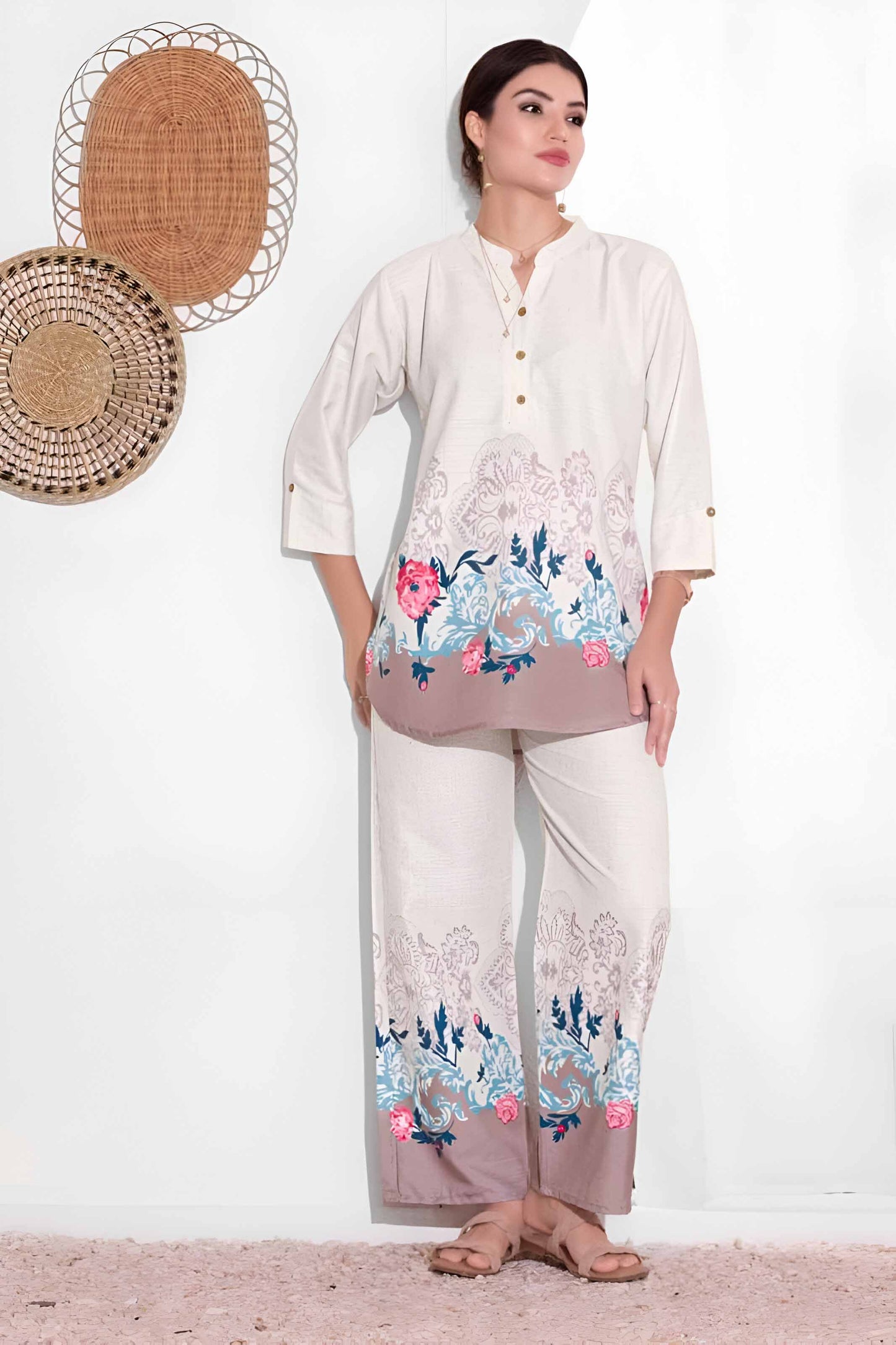 Beige Linen Floral Co-ord Set with Printed Hemline & Pants