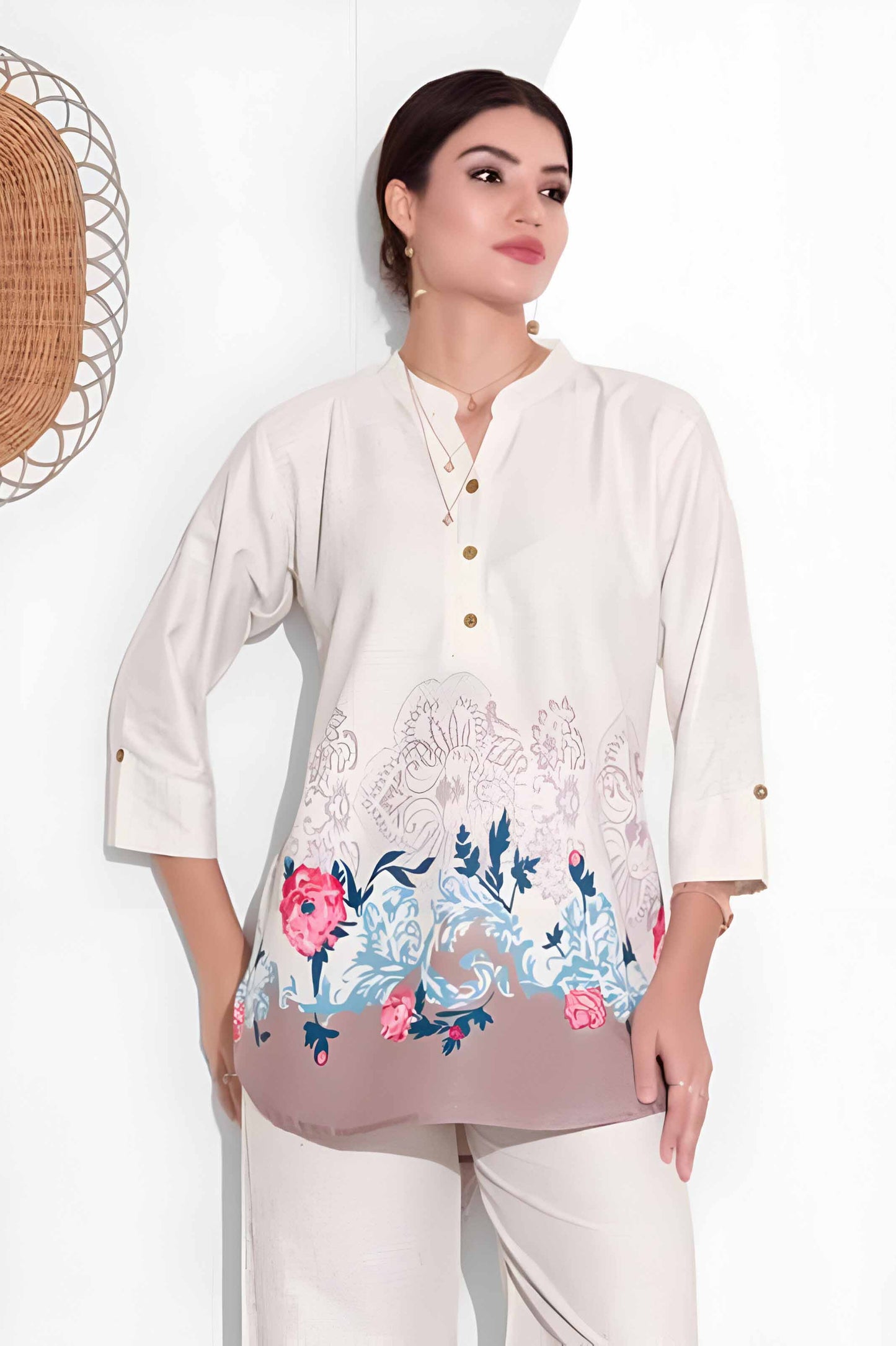 Beige Linen Floral Co-ord Set with Printed Hemline & Pants