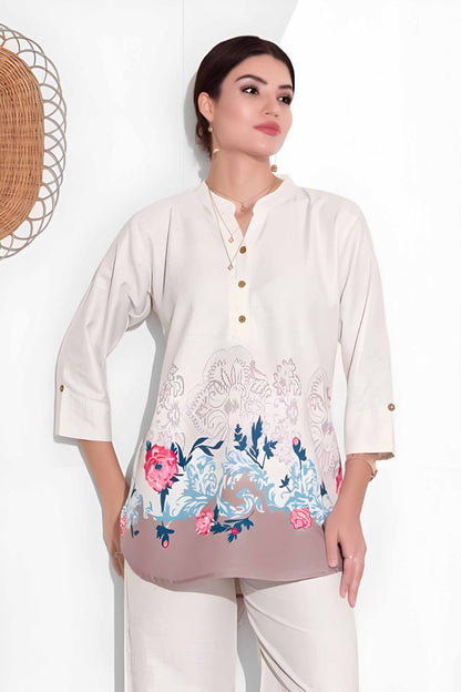 Beige Linen Floral Co-ord Set with Printed Hemline & Pants