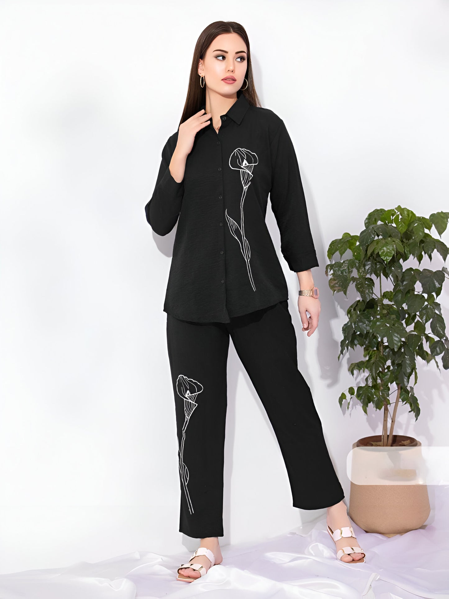 Black Linen Co-ord Set with Floral Print