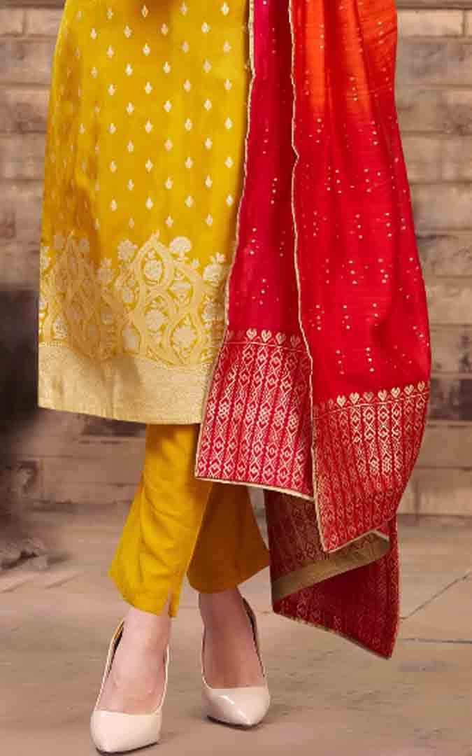 Yellow Straight Kurta Set with Red Banarasi Dupatta