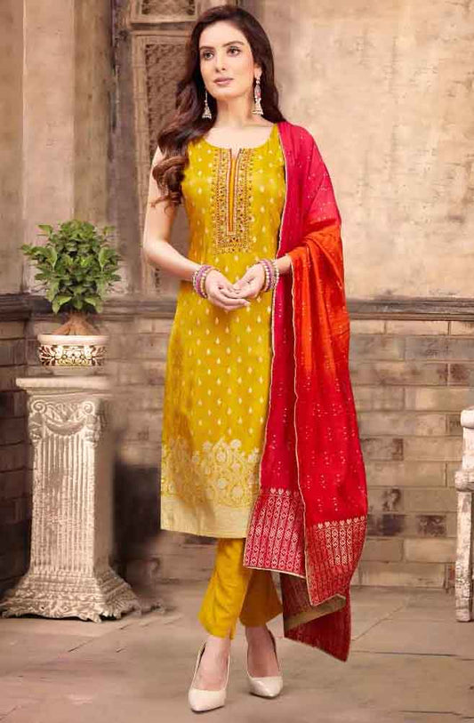Yellow Straight Kurta Set with Red Banarasi Dupatta