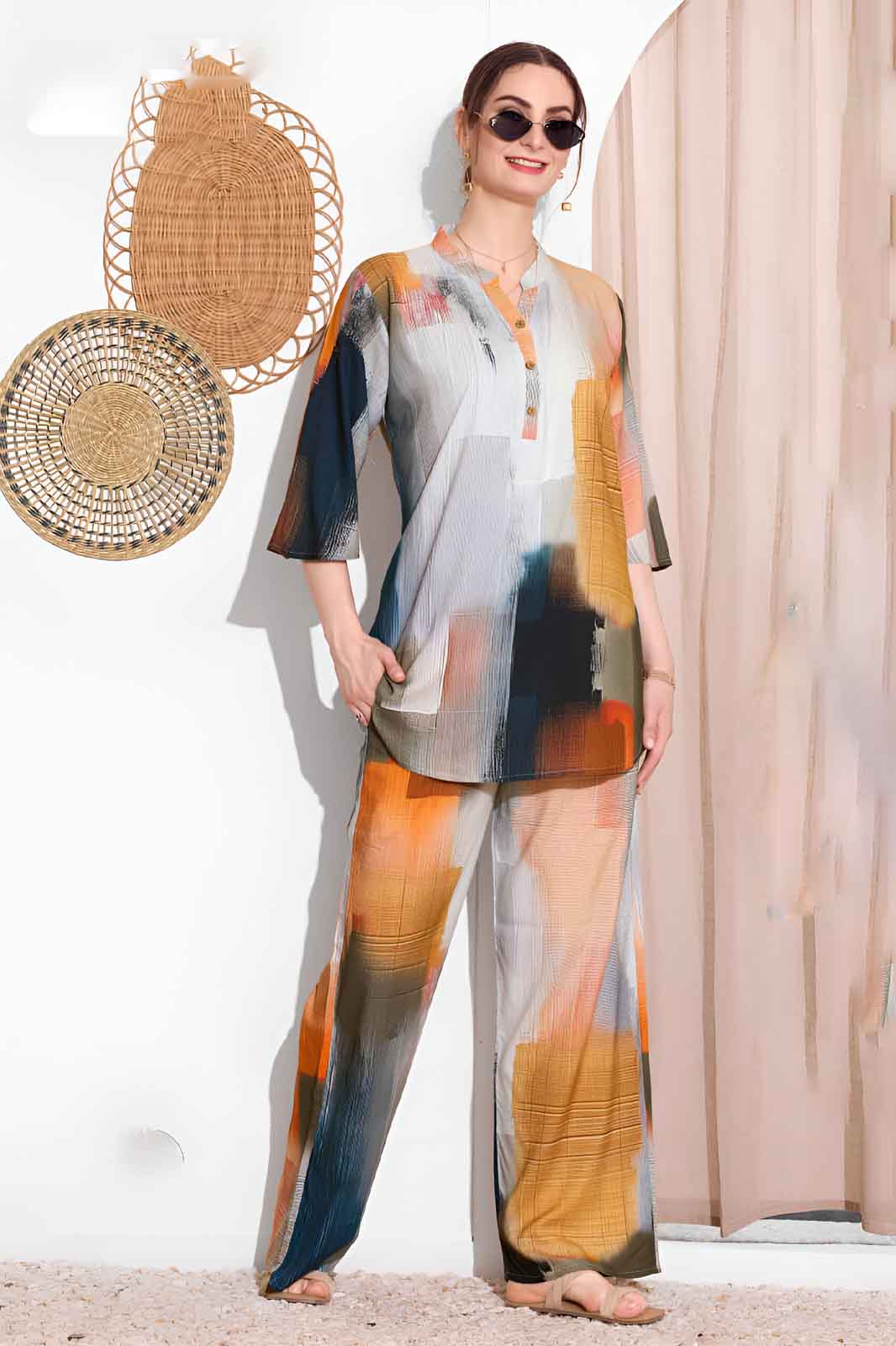 Multicolor Abstract Printed Co-ord Set in Soft Rayon
