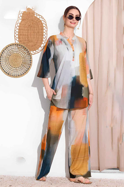 Multicolor Abstract Printed Co-ord Set in Soft Rayon