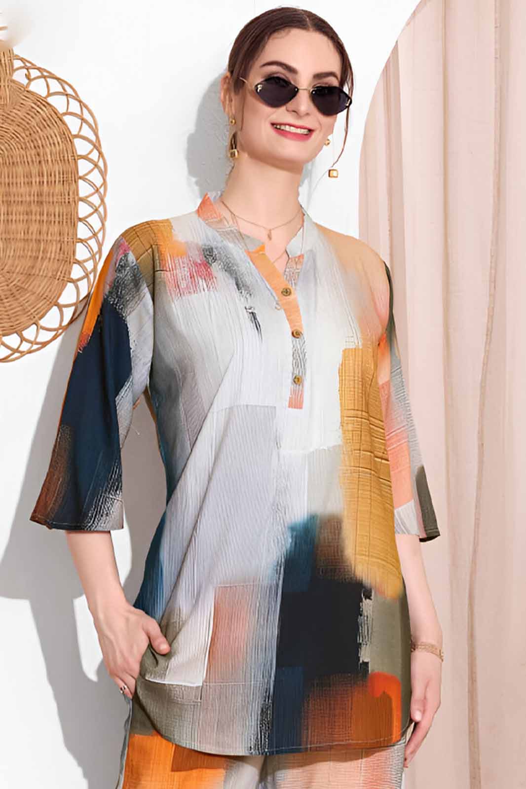 Multicolor Abstract Printed Co-ord Set in Soft Rayon