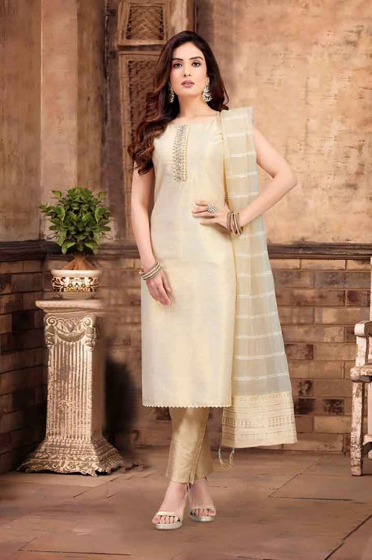 Beige Textured Kurta Set with Striped Dupatta