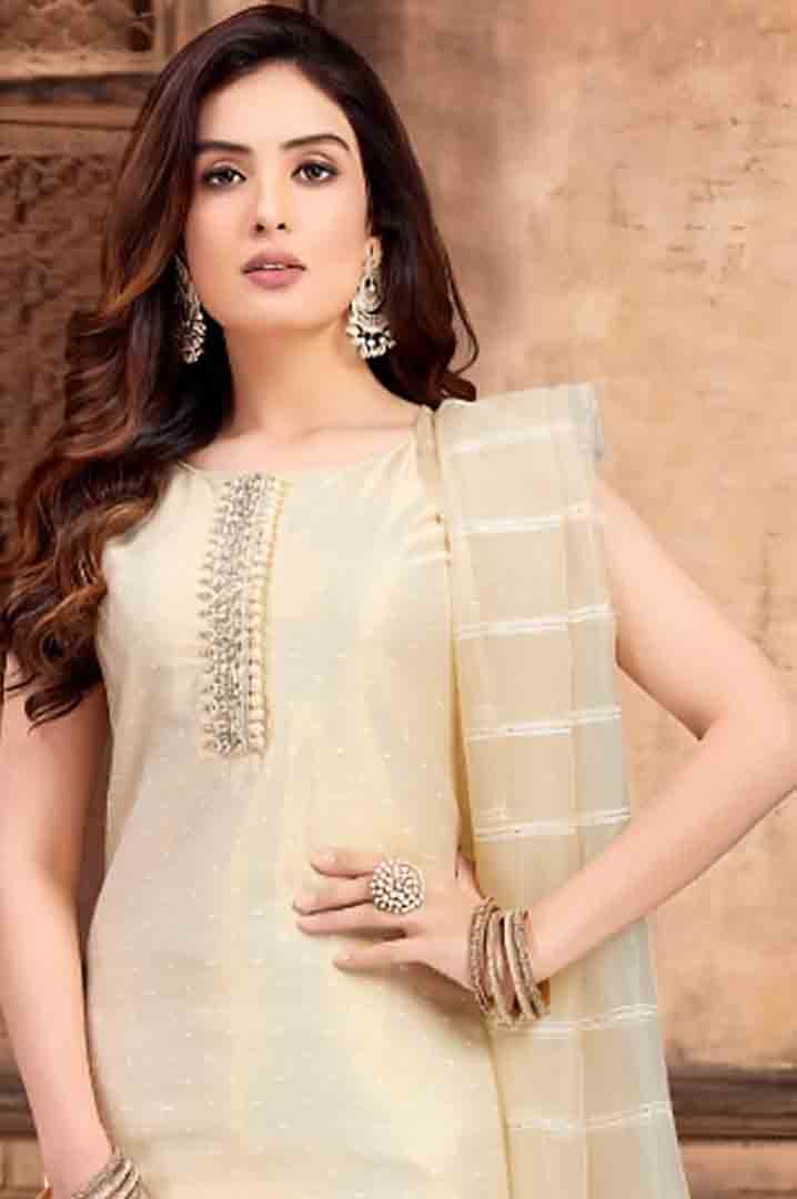 Beige Textured Kurta Set with Striped Dupatta