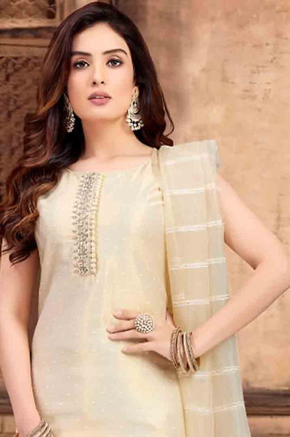 Beige Textured Kurta Set with Striped Dupatta