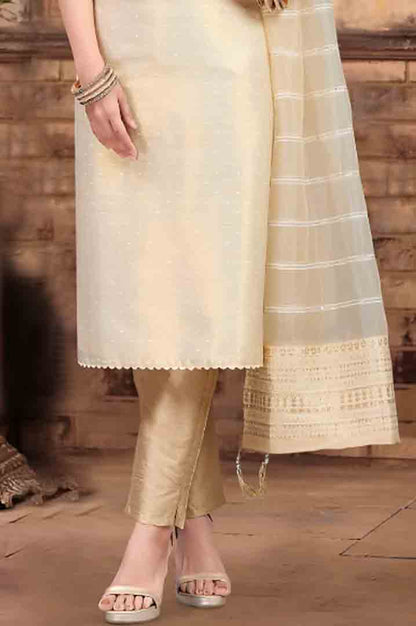 Beige Textured Kurta Set with Striped Dupatta