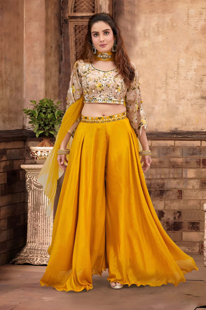 Yellow Floral Embroidered Crop Top with Russian Palazzo Set