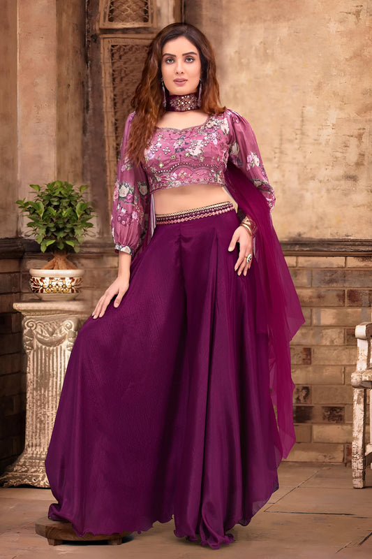 Plum Floral Embroidered Crop Top with Russian Palazzo Set