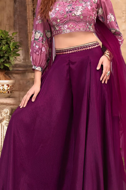 Plum Floral Embroidered Crop Top with Russian Palazzo Set