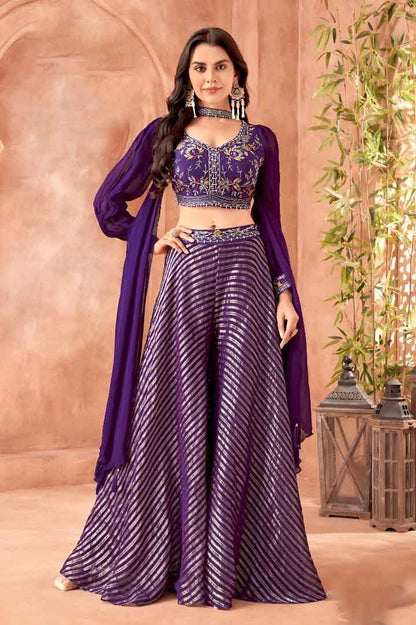 Purple Embroidered Crop Top with Flared Palazzo & Dupatta Set