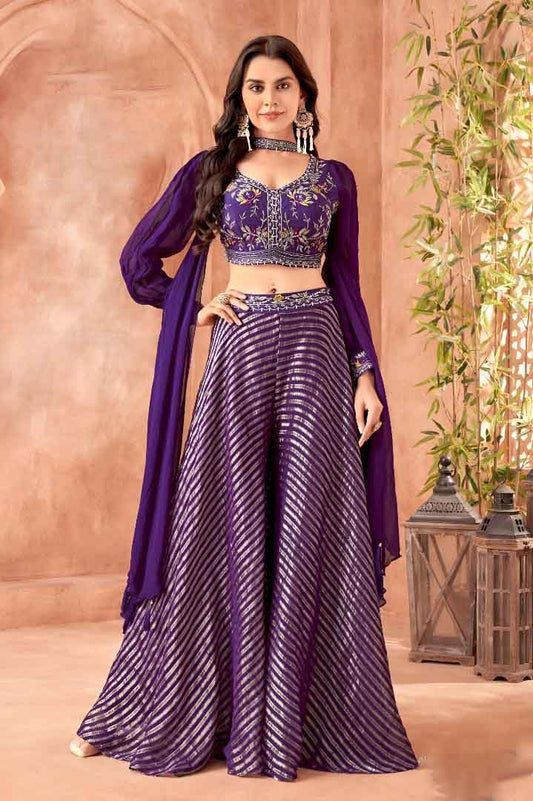 Purple Embroidered Crop Top with Flared Palazzo & Dupatta Set