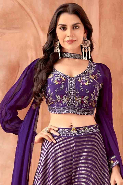 Purple Embroidered Crop Top with Flared Palazzo & Dupatta Set