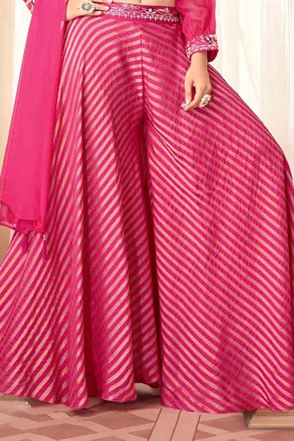 Pink Embroidered Crop Top with Flared Palazzo & Dupatta Set