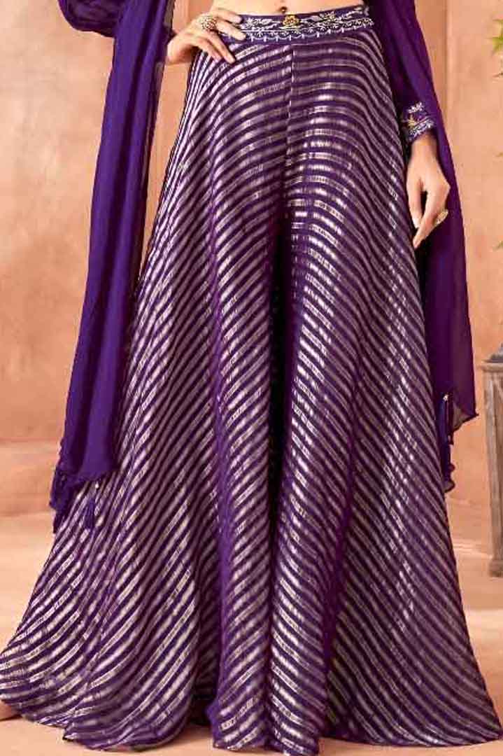 Purple Embroidered Crop Top with Flared Palazzo & Dupatta Set