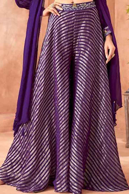 Purple Embroidered Crop Top with Flared Palazzo & Dupatta Set