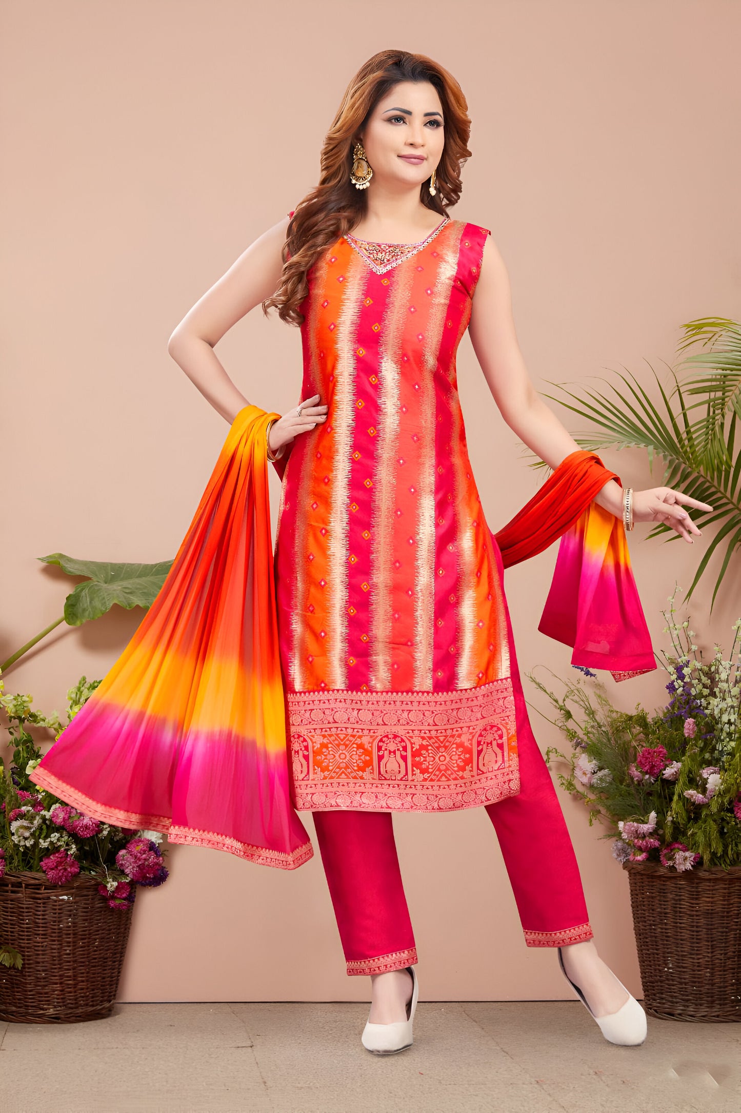 Orange and Pink Suit with Tie-Dye Dupatta