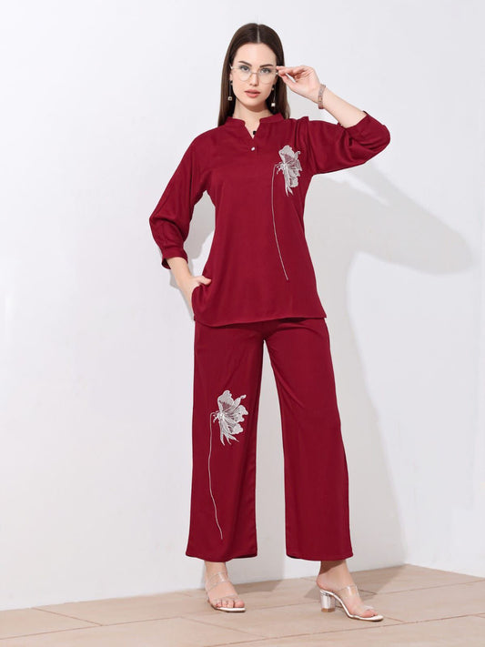 Maroon Embroidered Twill Co-ord Set