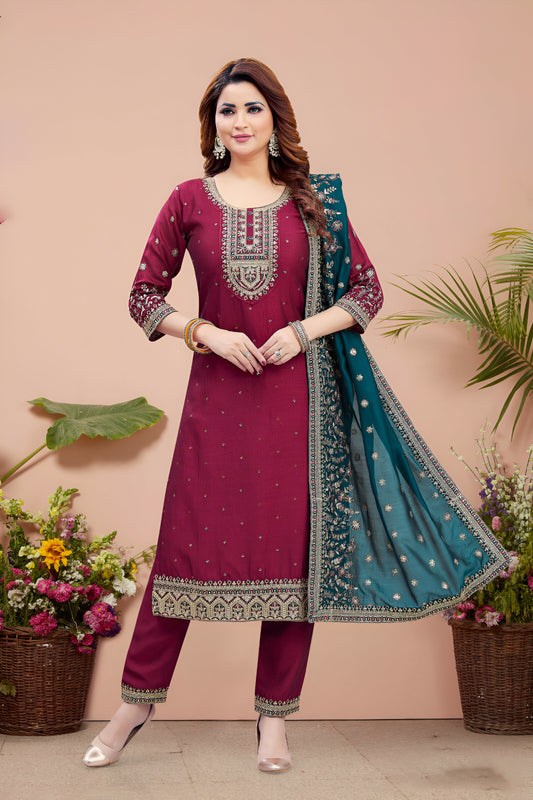 Maroon Embroidered Suit with Teal Dupatta.