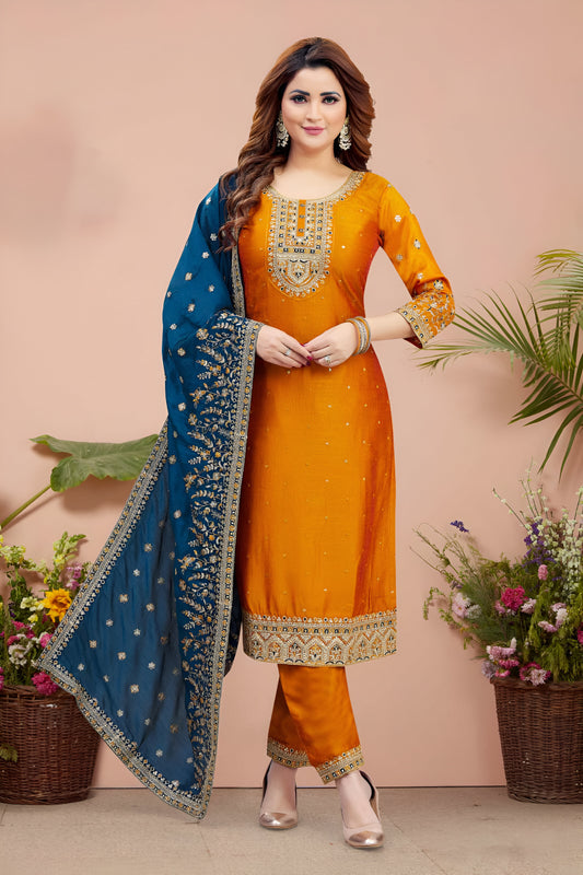 Orange Embroidered Suit with Dark Blue Dupatta