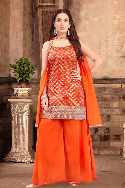 Orange Thread Embroidered Sleeveless Kurti with Palazzo Set