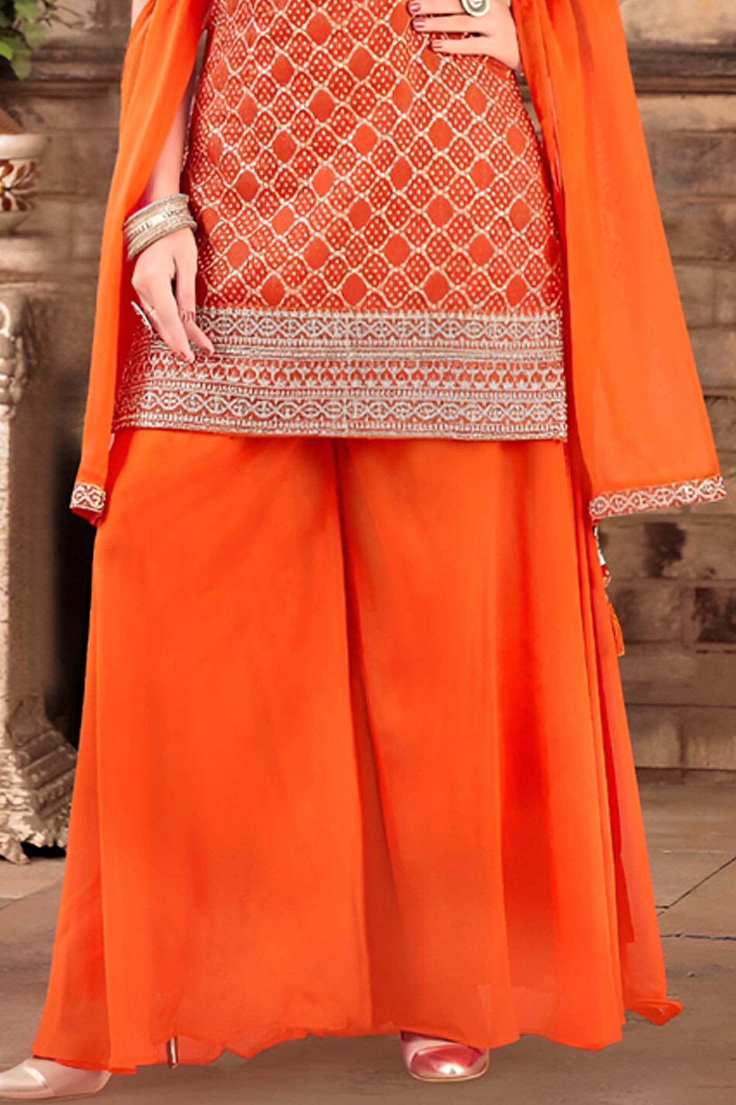 Orange Thread Embroidered Sleeveless Kurti with Palazzo Set