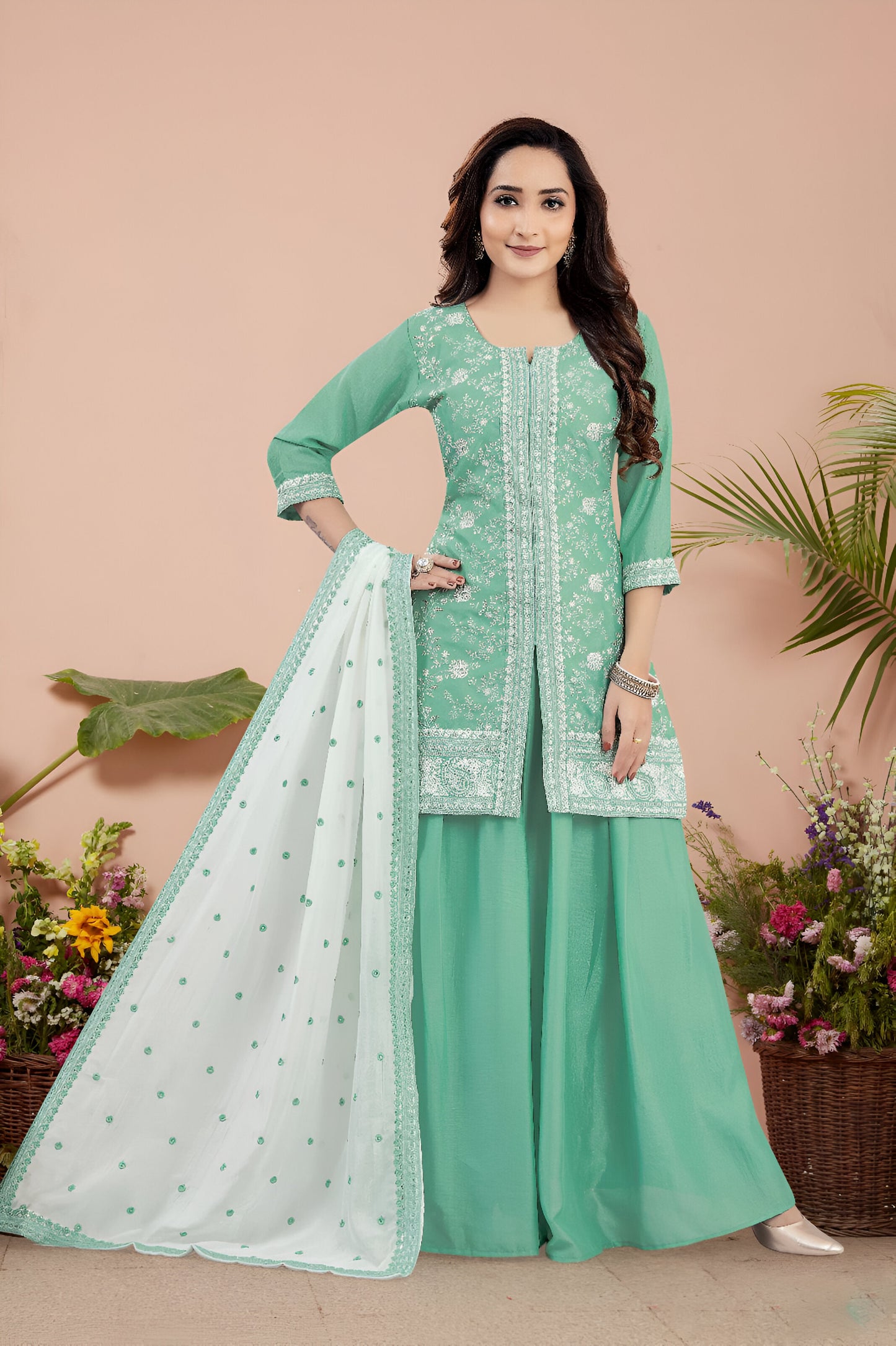 Mint Green Color Embroidered Palazzo Suit