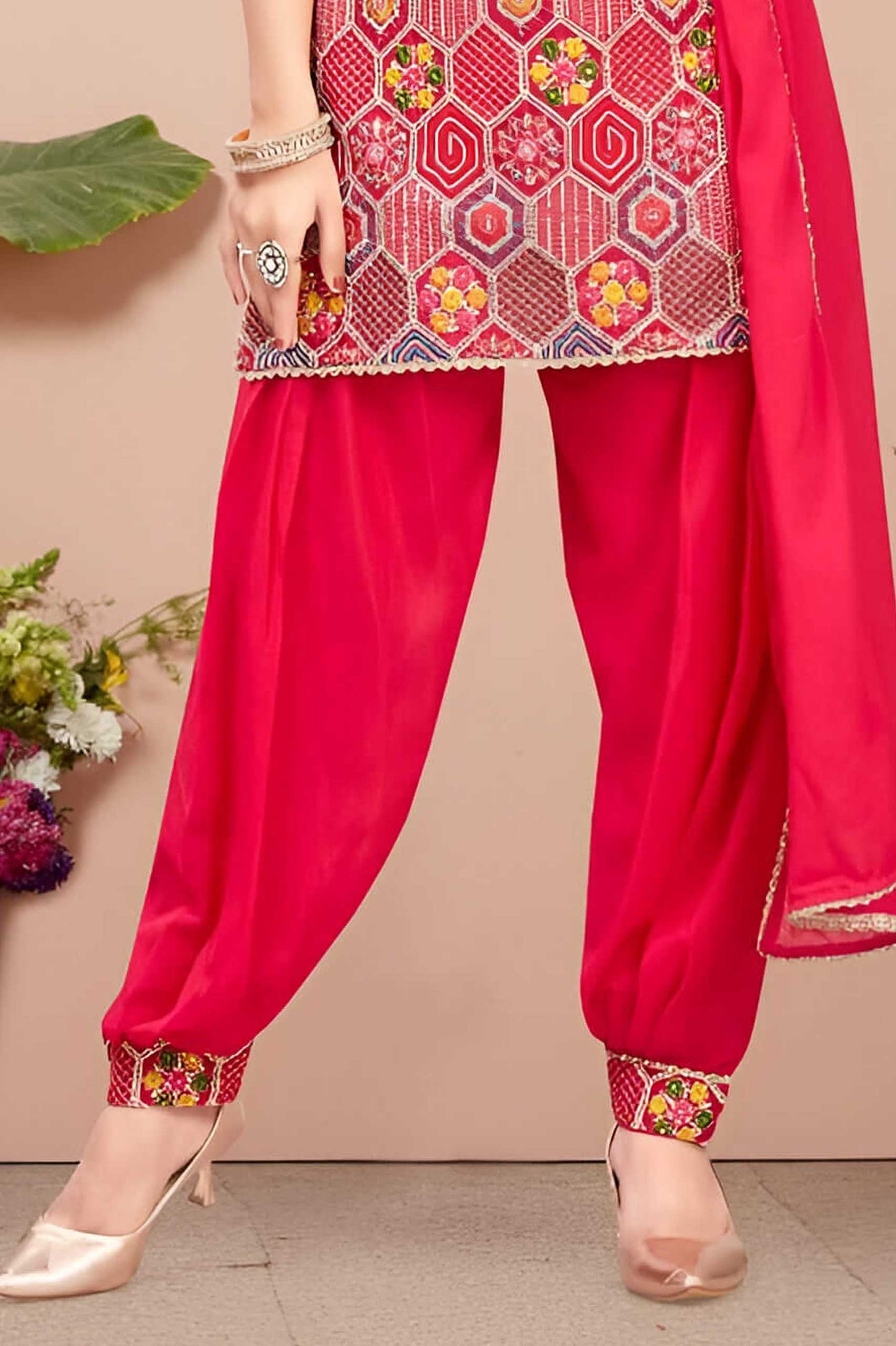 Rani Pink Silk Embroidered Afgani Suit