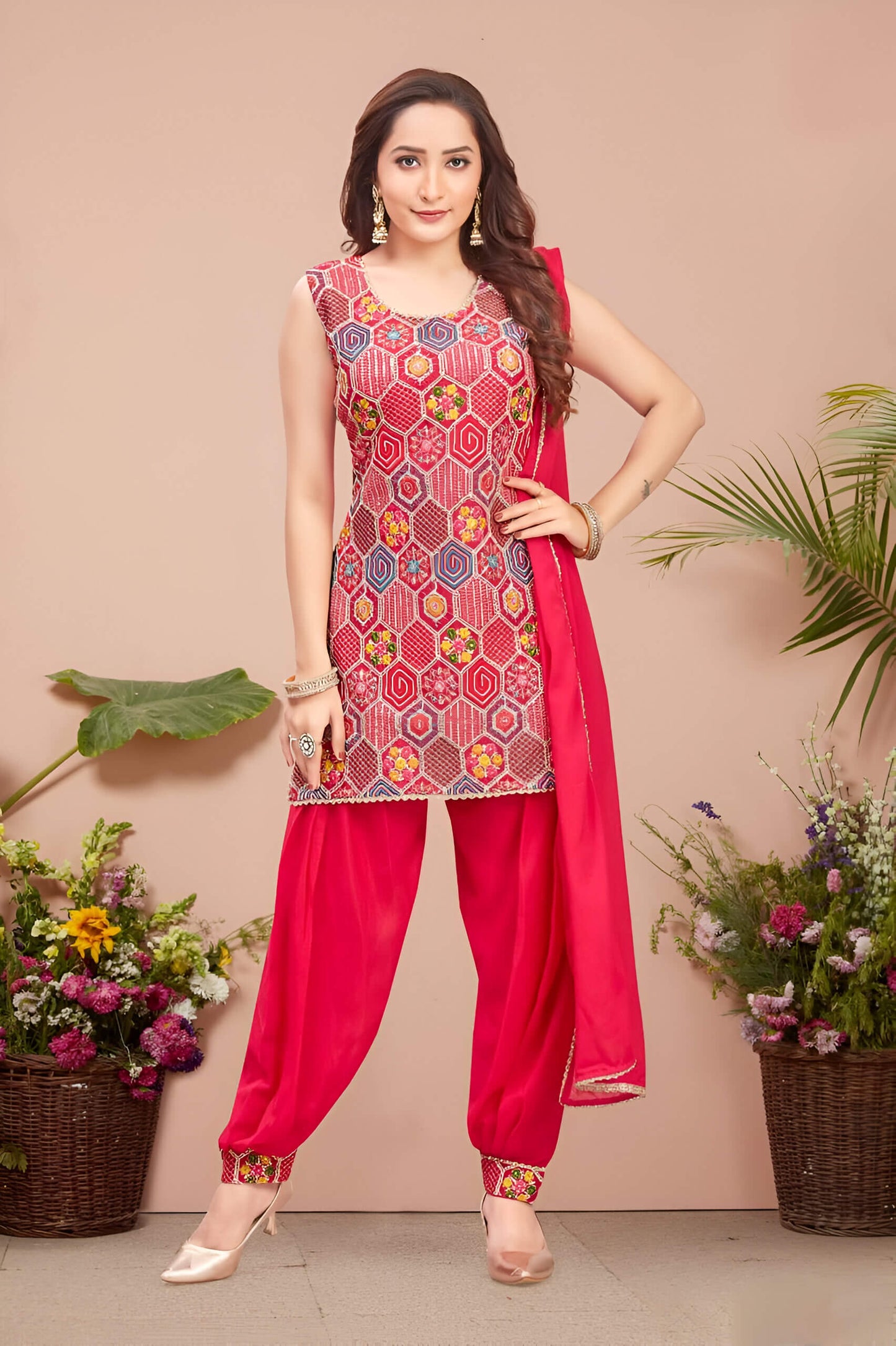 Rani Pink Silk Embroidered Afgani Suit
