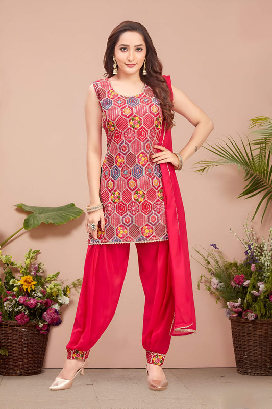 Rani Pink Silk Embroidered Afgani Suit