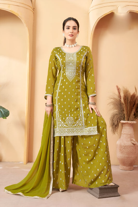 Muted Yellowish Embroidered Palazzo Suit.