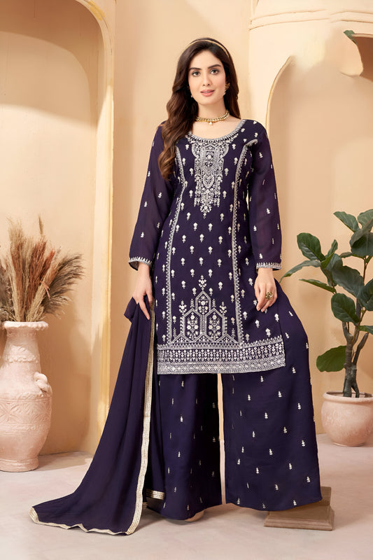 Navy Blue Embroidered Palazzo Suit