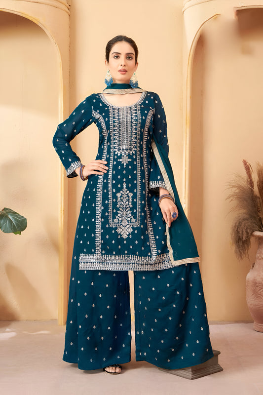 Teal Blue Embroidered Palazzo Suit.