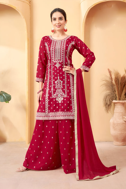 Red Embroidered Palazzo Suit