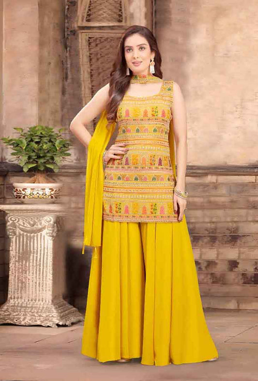 Yellow Mirror Work Sharara Set with Tribal Motif Embroidery