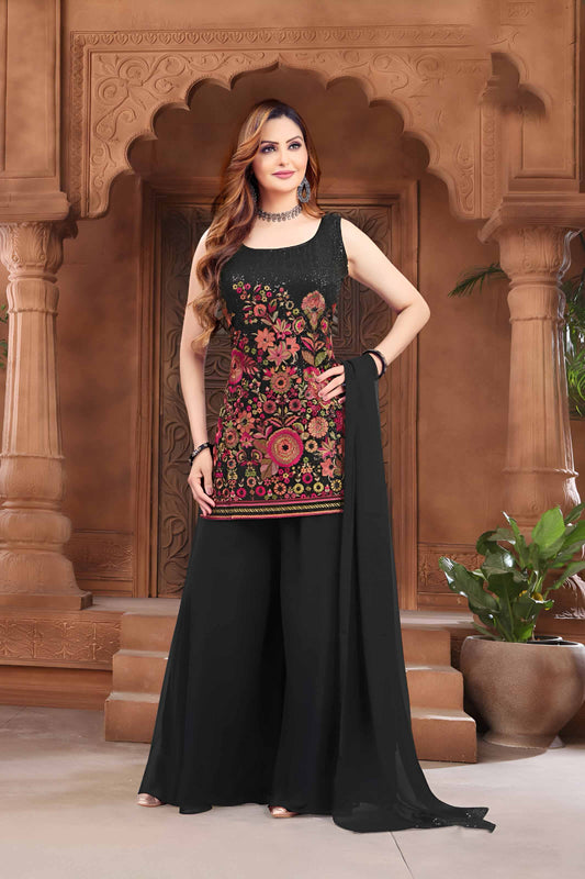 Black Embroidered Sleeveless Palazzo Suit with Dupatta