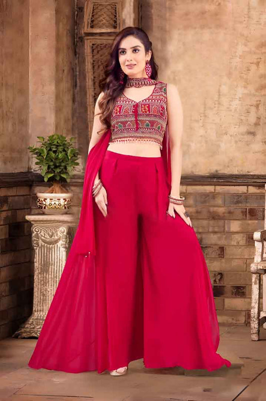 Red Mirror Embroidered Crop Top with Flowy Palazzo & Dupatta