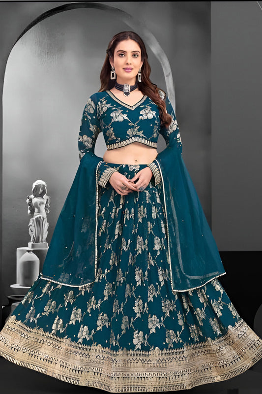 Teal Green Embroidered Georgette Lehenga Choli
