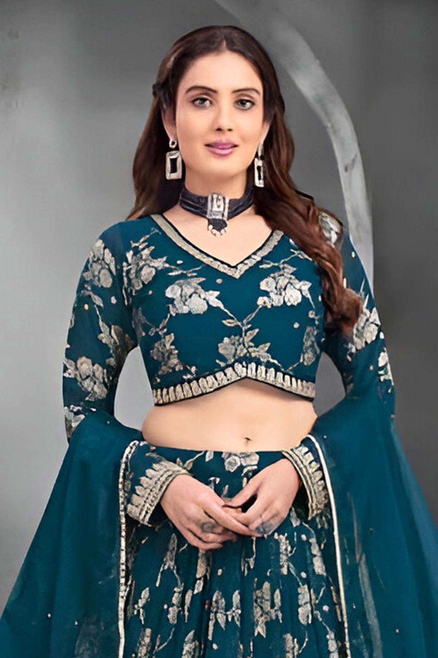 Teal Green Embroidered Georgette Lehenga Choli